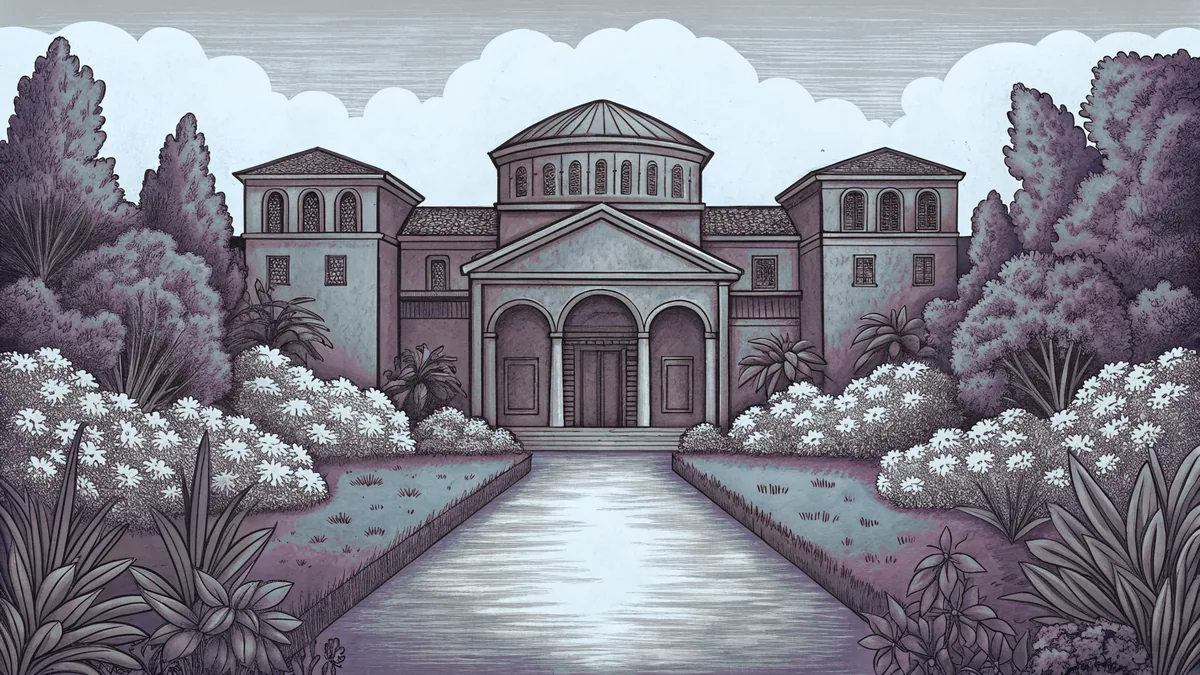 A stately garden borders a serene canal with a rushing river visible beyond