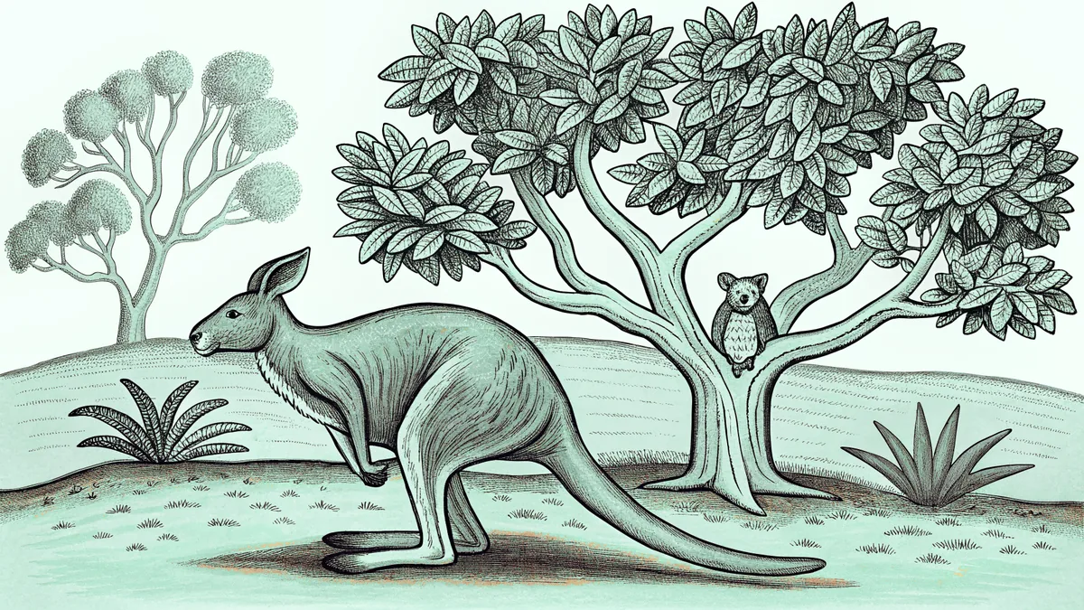 Kangaroo hopping across red desert with koala in tree and kookaburra in flight