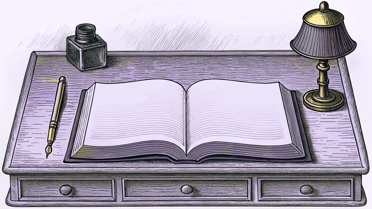 A mahogany writing desk glows in candlelight with a brass fountain pen and inkwell among blank pages and a lamp.