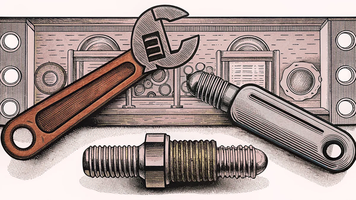 An adjustable wrench and a threaded bolt in front of a workshop wall.