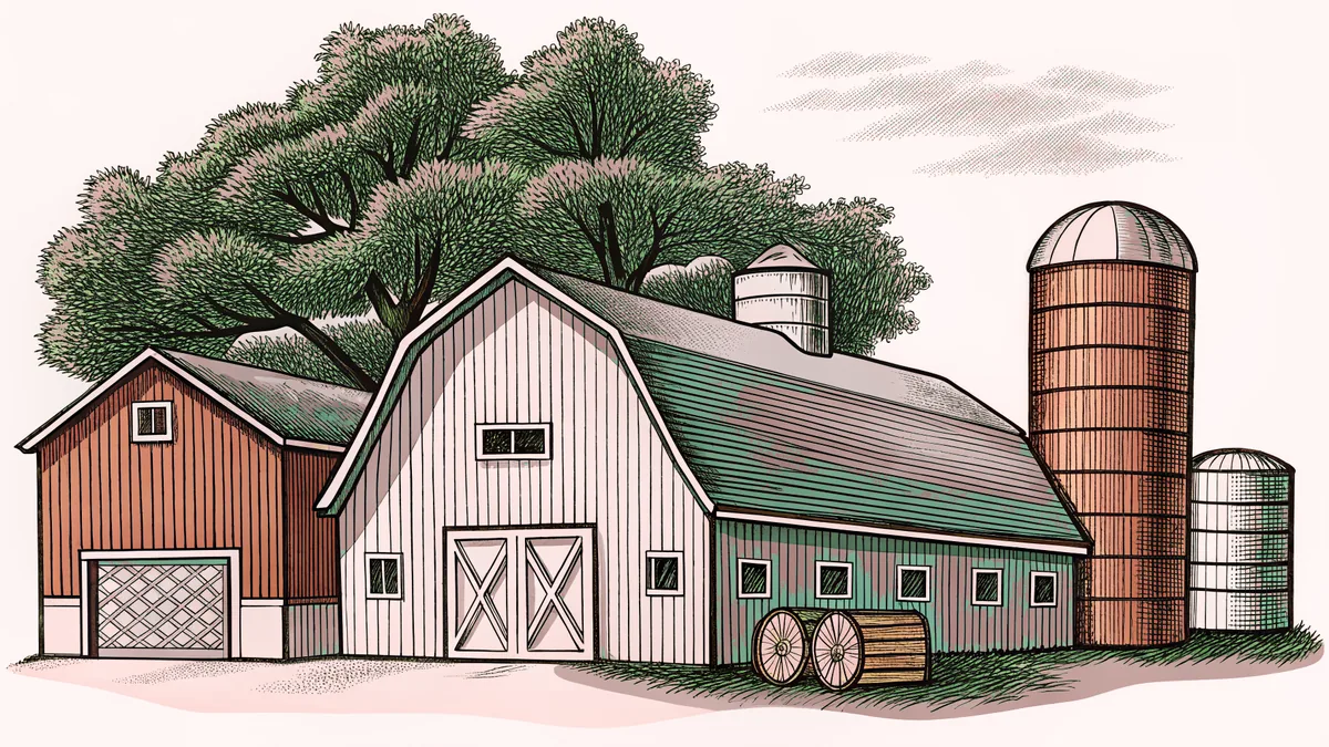 Bundled grain, tall silo, and storage barrels fill a harvest farmyard
