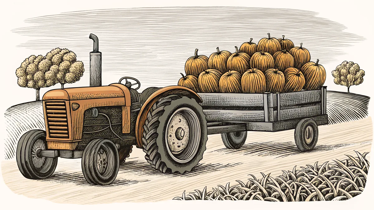 Rustic farm setting with hay wagon at harvest time.