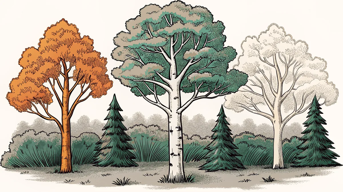 Autumn forest with golden and crimson tree leaves.