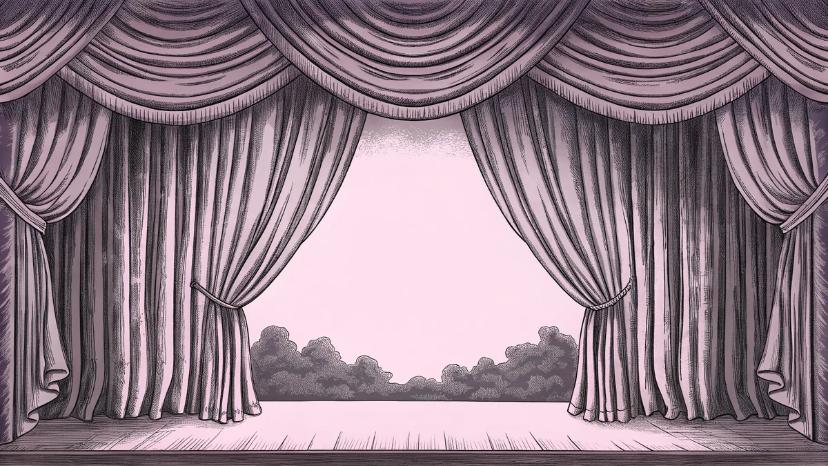 Layered theatrical curtains and painted landscape backdrop create a fantasy stage setting.