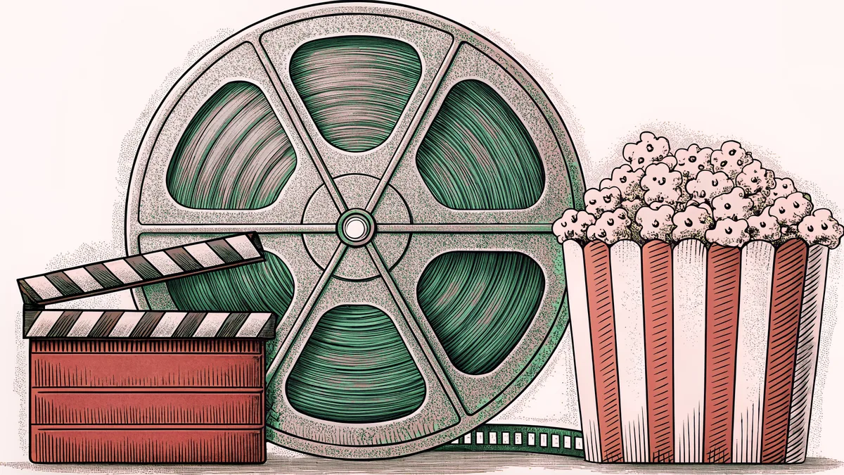 A film reel and blank clapper board rest on a counter beside a striped popcorn container.