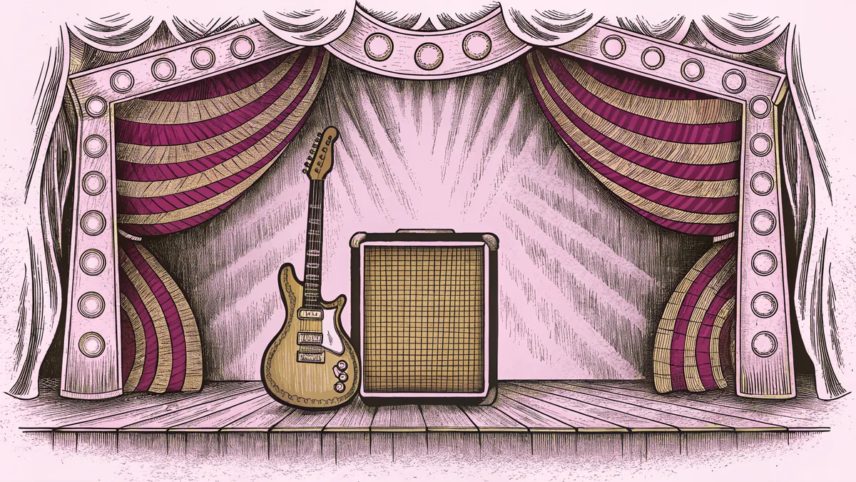 An electric guitar leans against an amplifier on stage beneath purple and green neon lighting.