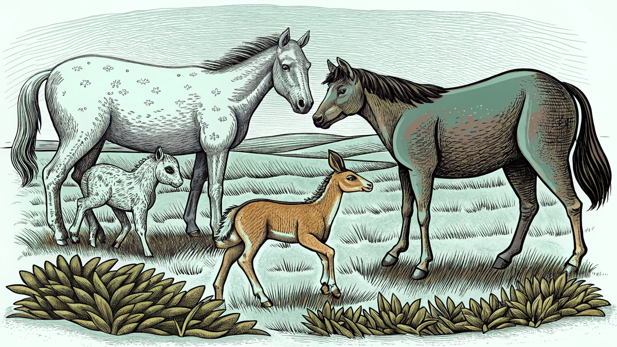 Young animals gather in a pastoral meadow with flowers and grass