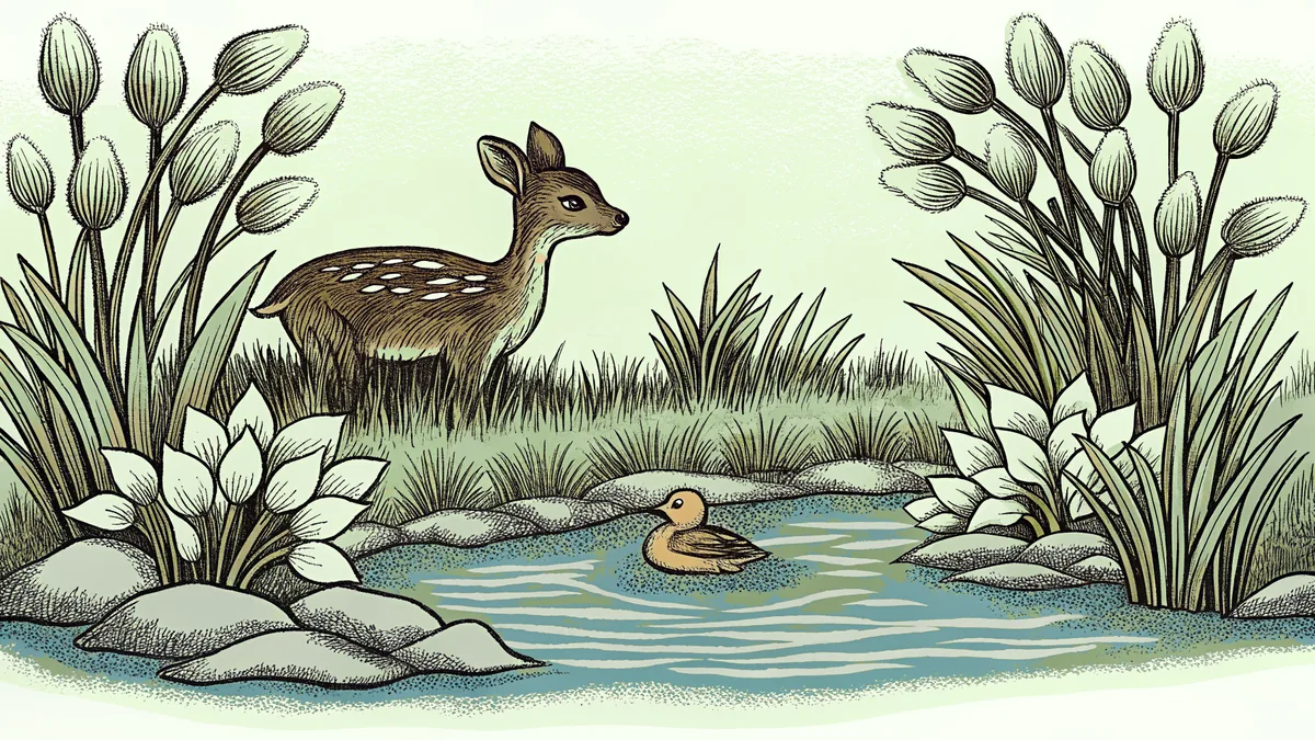 A baby duck swims beside a young deer fawn on a grassy spring pond bank.