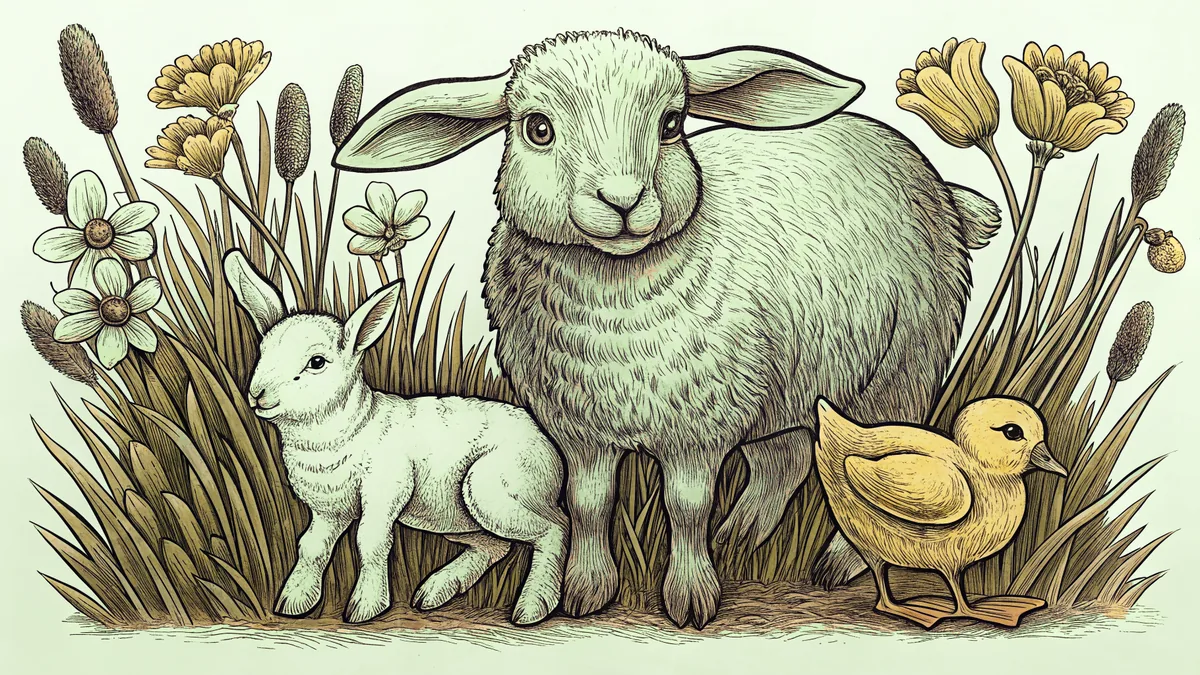 Baby bunny, lamb, chick, and duckling playing together in green spring grass