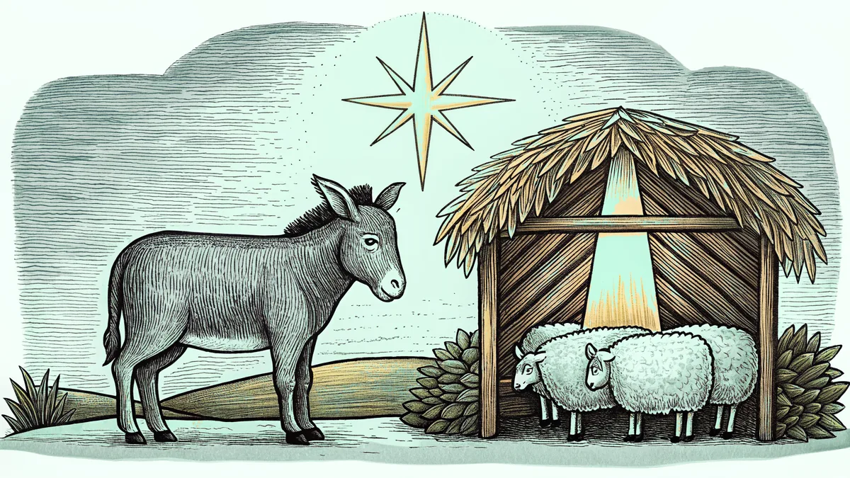 A donkey and sheep in a stable with a shepherd watching beneath a bright star.