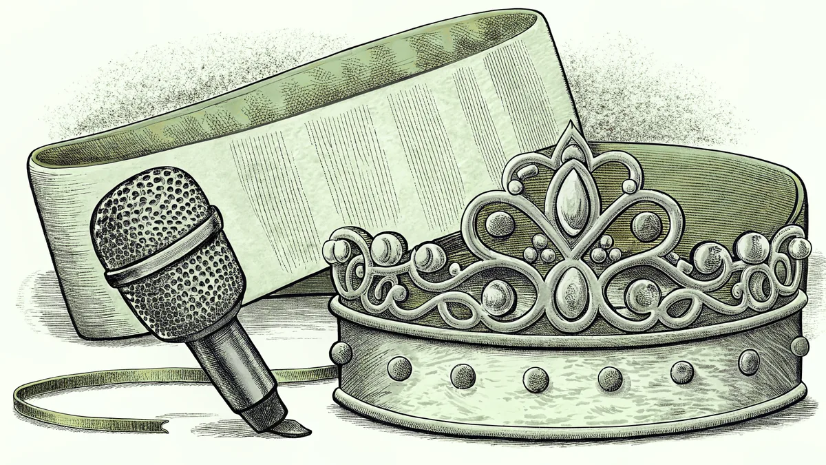 An unlabelled sash and a tiara rest beside a karaoke microphone dusted with glitter.