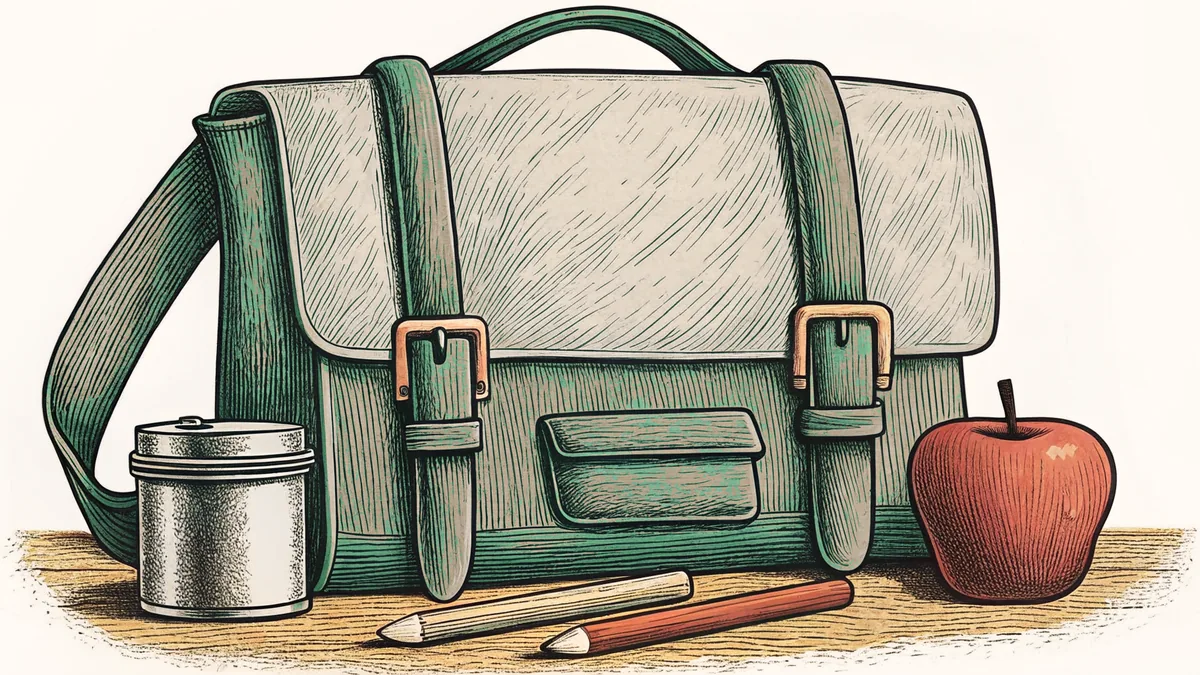 A canvas school satchel and tin lunch pail on a desk with pencils and an apple.