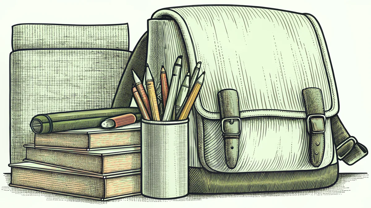 Colorful school supplies—pencils, crayons, and a backpack—are arranged on a desk.