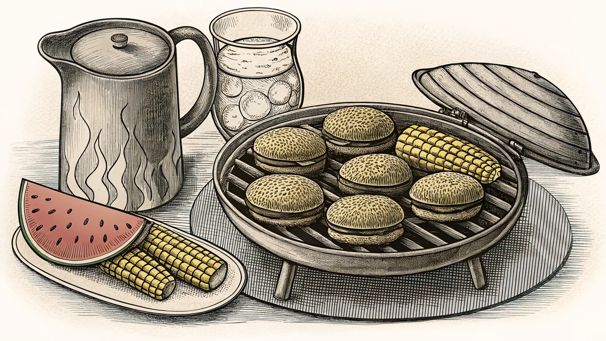A backyard grill sizzles with burgers and corn while watermelon chills nearby.