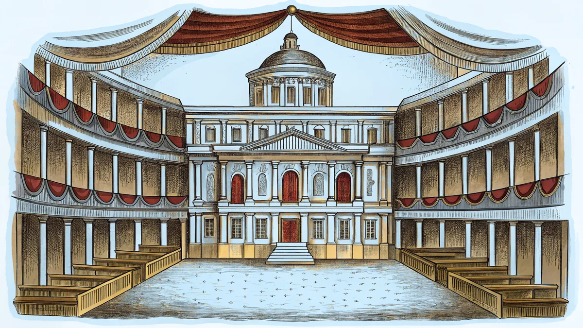 A vintage theater with musical instruments and stage lights for a country music show