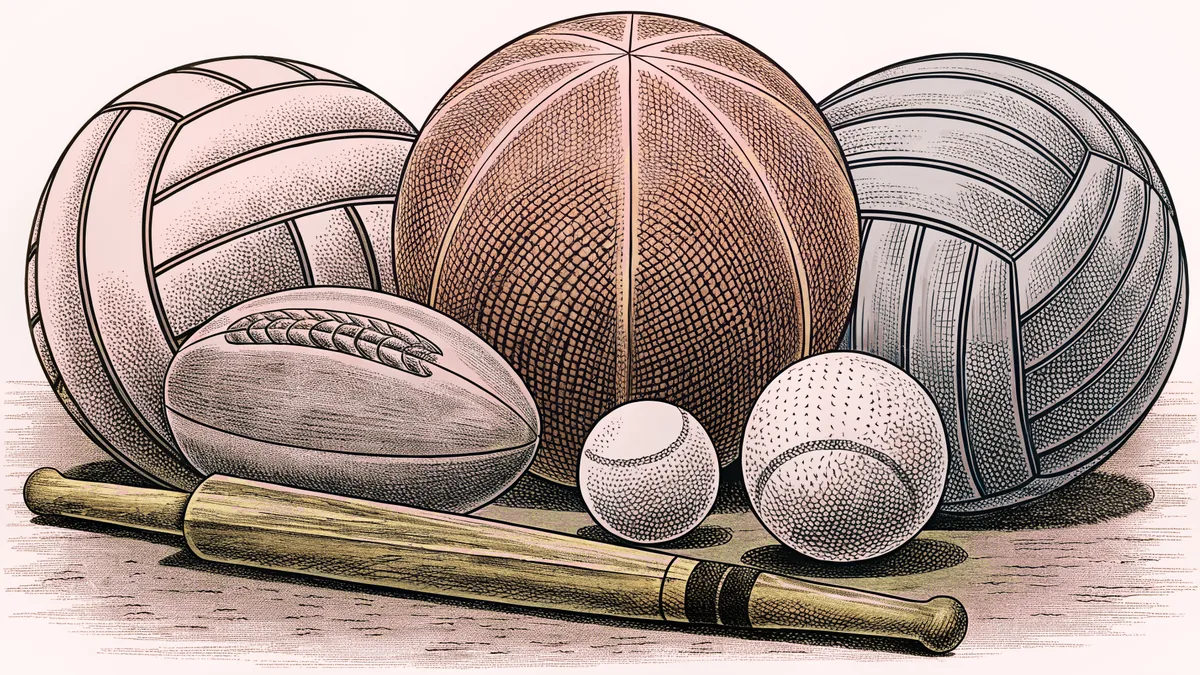 Various sports balls surround a playing field with rackets and wickets.