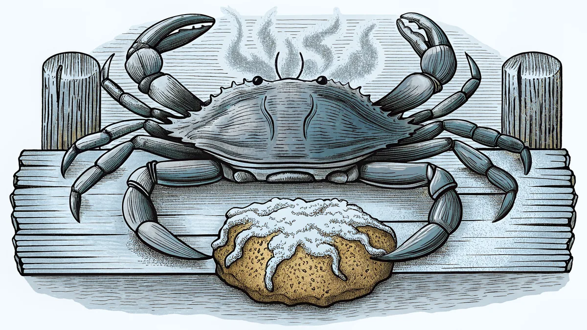 A blue crab and crabcake on a Baltimore harbor dock.