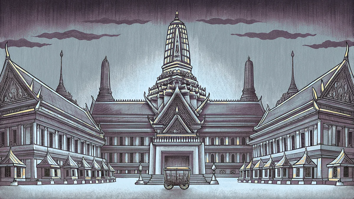 Bangkok's Grand Palace shimmers in golden splendor above bustling street markets and tuk-tuks