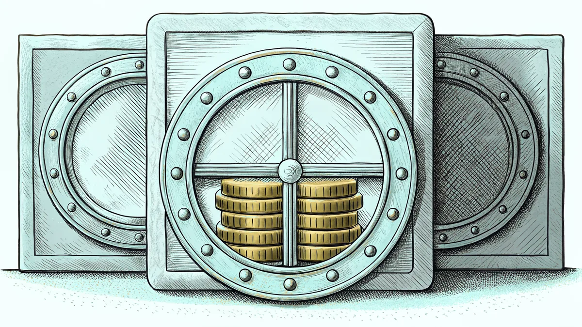 A brass bank teller window stands beside a thick vault door with a stack of gold coins on the counter.
