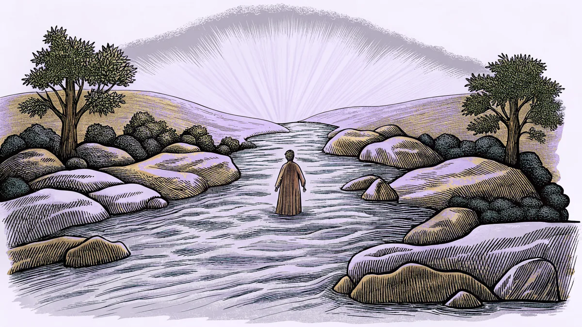 A robed figure standing in flowing river water under morning light