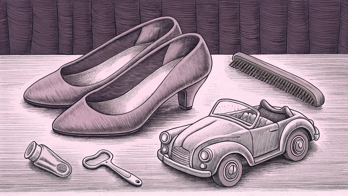 A pair of pink high heels sits beside a hairbrush and a small convertible toy car.