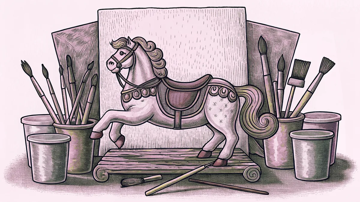 Colorful paint pots and brushes rest beside a carousel horse in an artist's workspace.