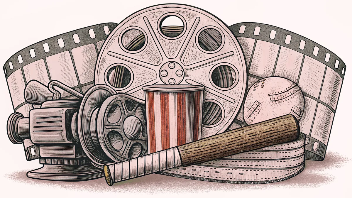 A film reel and camera rest beside a baseball glove and wooden bat.