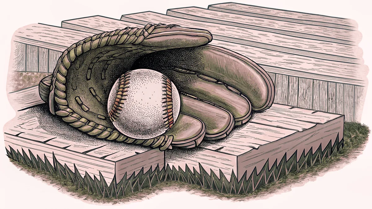 A leather baseball glove holds a white ball on a grass diamond near wooden bleachers.