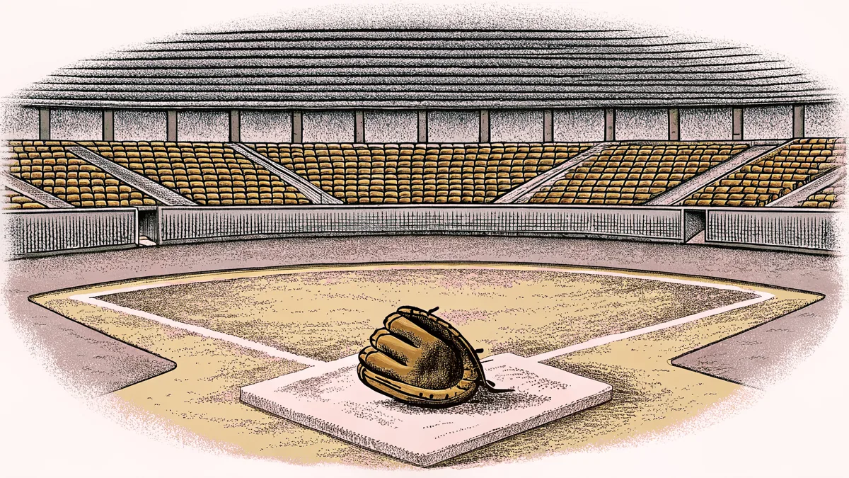 Baseball diamond with catcher's mitt and equipment positioned at home plate.