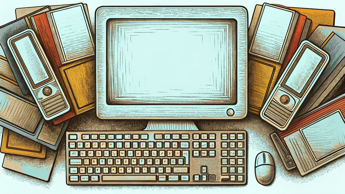 Computer workspace showing a keyboard, mouse, monitor with desktop interface.