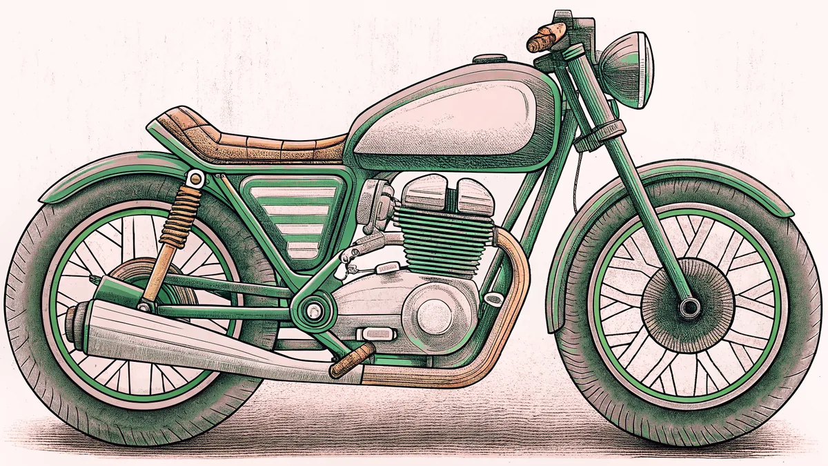 A motorcycle engine and frame components displayed with visible mechanical parts.