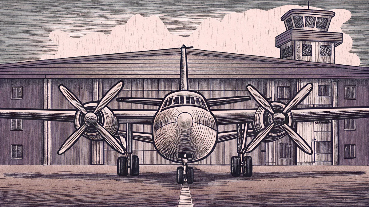 An airplane with spinning propellers sits on a tarmac near a tall control tower.