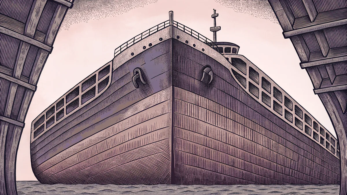 A large ship at anchor with its mast, bridge structure, and hull clearly visible.