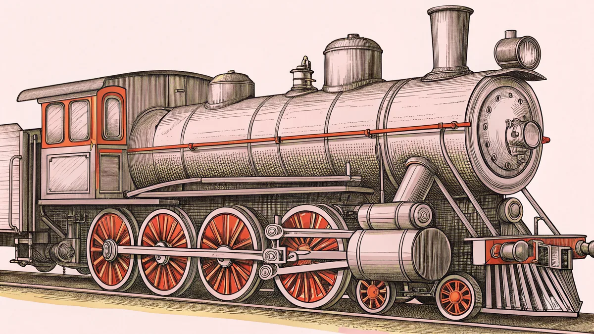 A steam locomotive engine displaying its boiler, smokestack, and mechanical pistons.