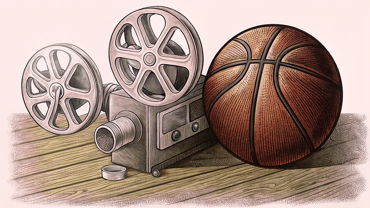 A vintage movie projector sits beside a basketball on a wooden gym floor.