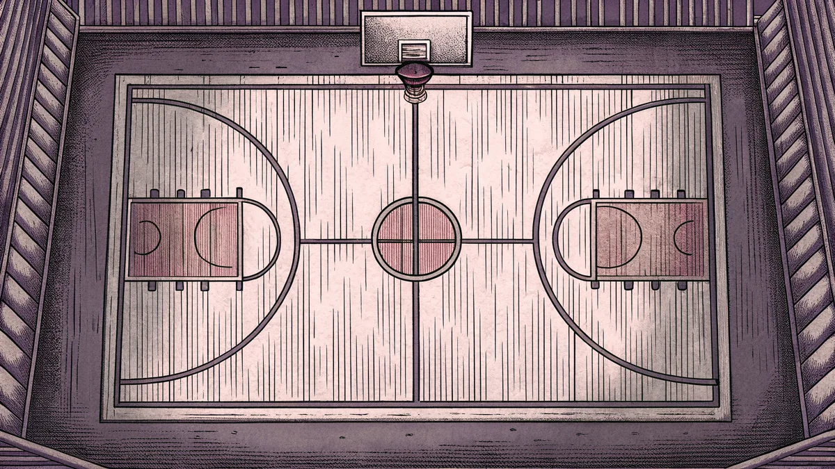 Basketball court featuring a hoop, ball, and position markings.
