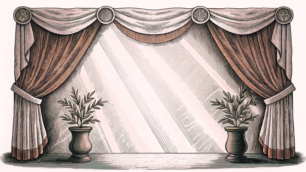 A theatrical spotlight cuts across deep burgundy velvet drapes, creating dramatic shadows on the stage.
