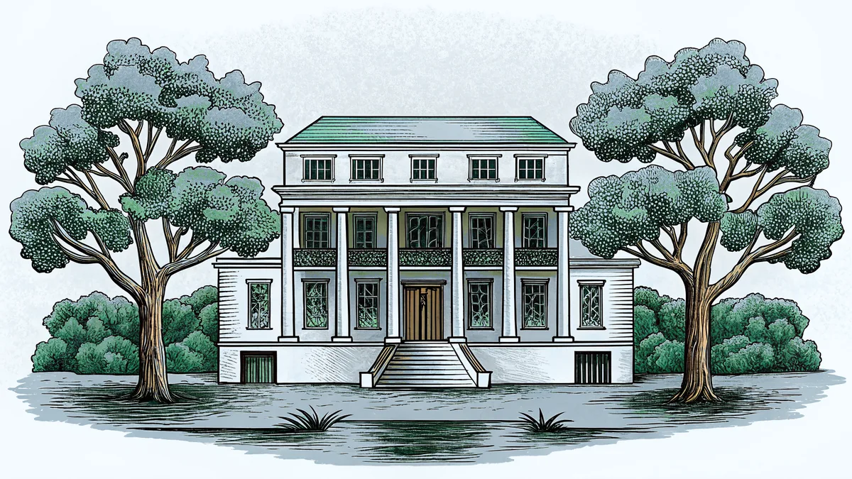 A magnolia tree frames historic Baton Rouge landmarks above bayou waters.