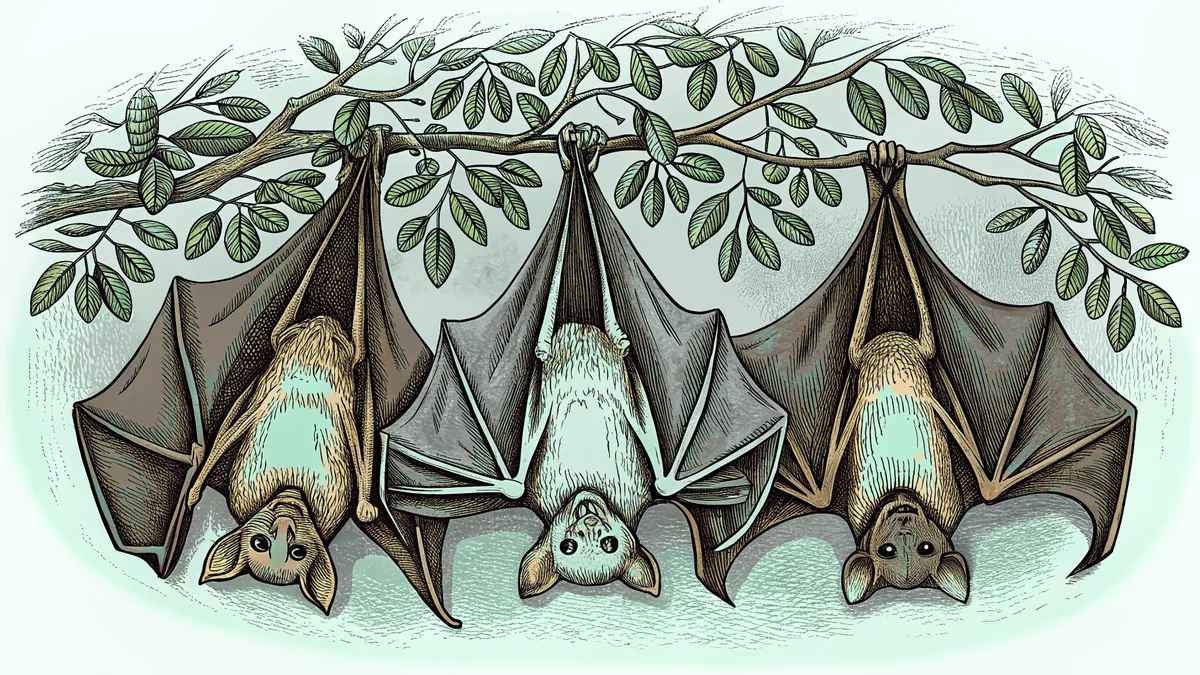 Bats hang upside down in a shadowy cave surrounded by insects and tropical fruit
