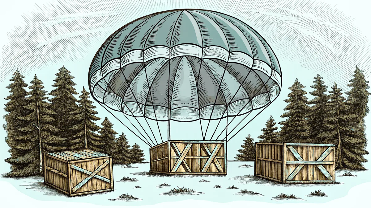 A parachute drifting down toward pine woods dotted with supply crates.