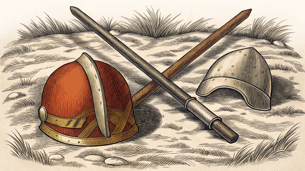 Two battle helmets resting on trampled ground beside a pair of crossed pike shafts.