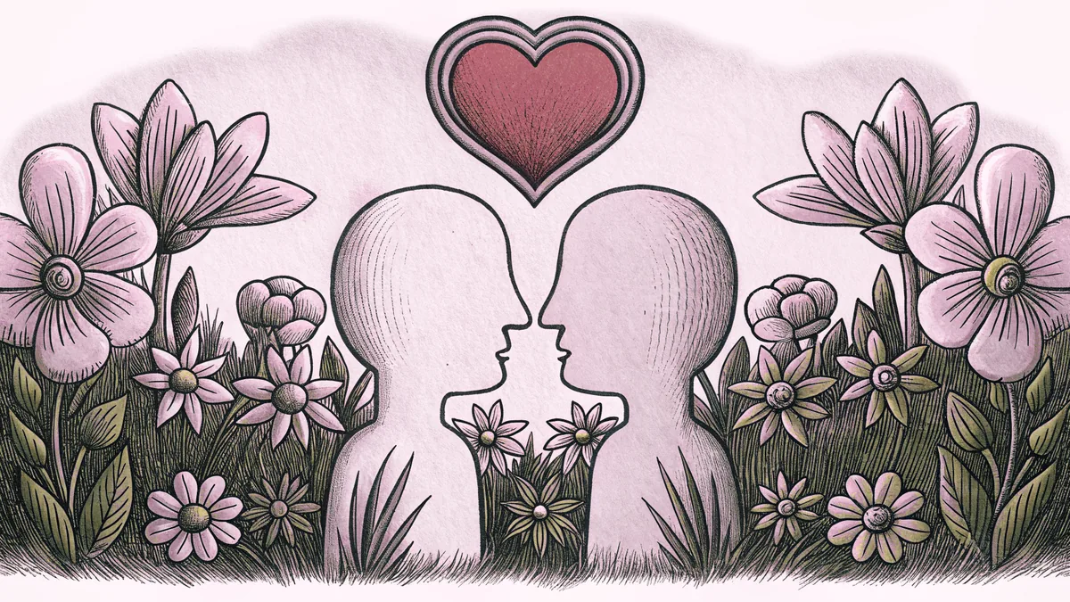 Two figures exchanging a moment of affection amid roses and romantic elements.
