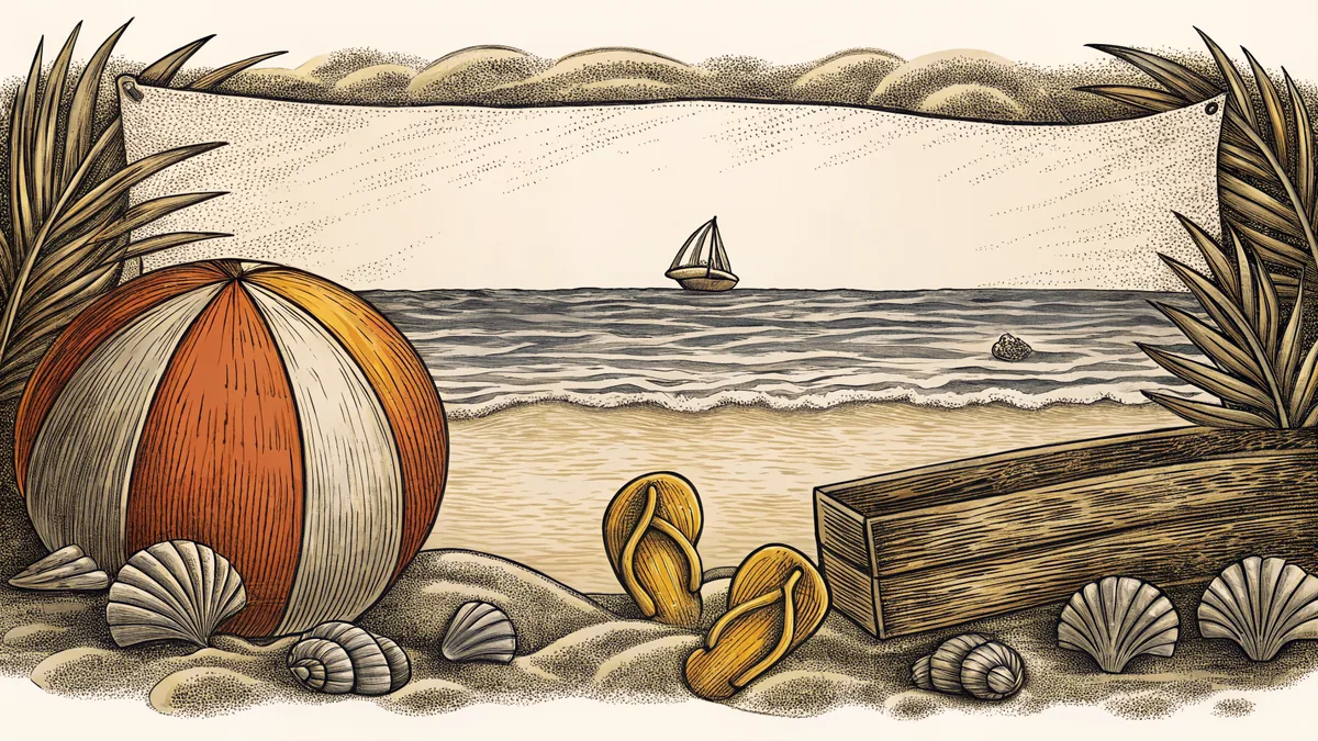 A sunny beach scene with a sailboat, colorful beach ball, seashells, and golden sand