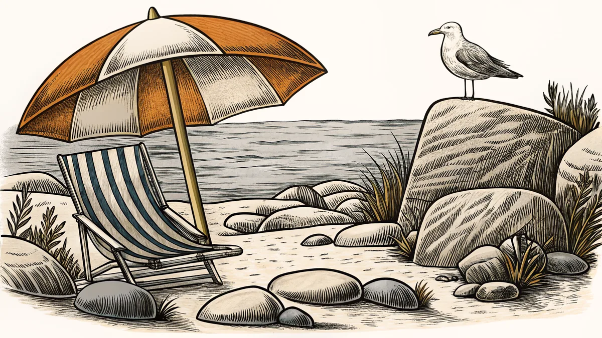 Beach scene with parasol, sunchair, pebbles, tidepool, and a gull.