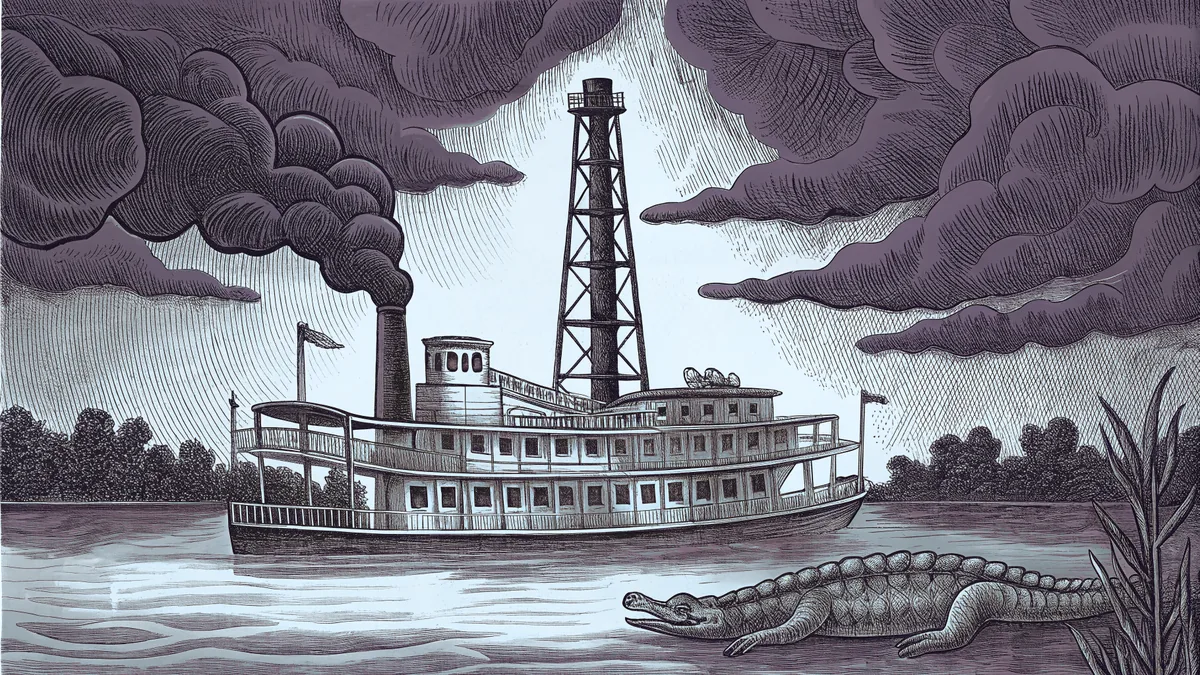 An historic oil field with drilling equipment beside a bayou landscape.