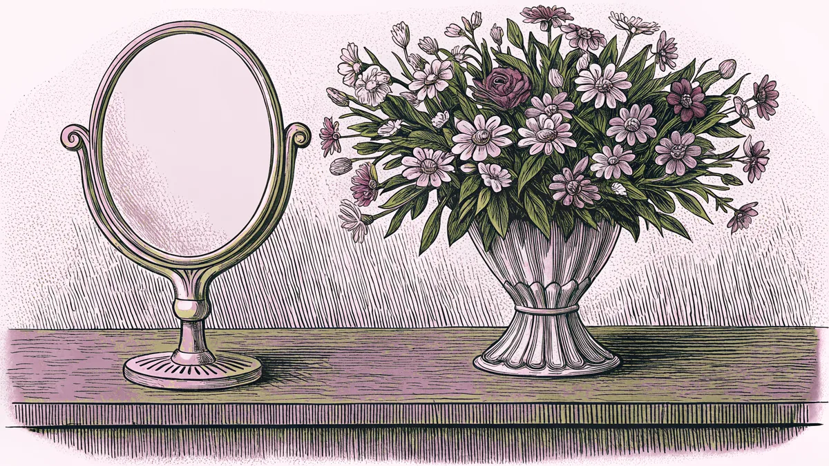 A crystal vase of wildflowers sits on a mahogany table beside a gilded hand mirror.