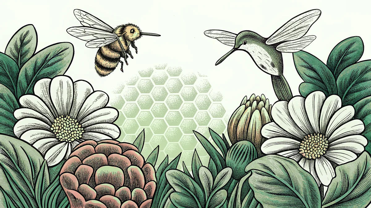 Honeybee and hummingbird hover above blooming flowers near a wooden hive filled with honeycomb and pollen.