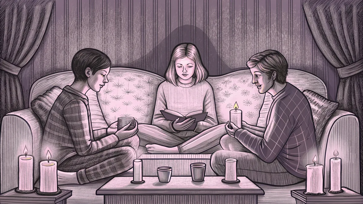 Friends sit together on a couch, listening and sharing stories by candlelight.