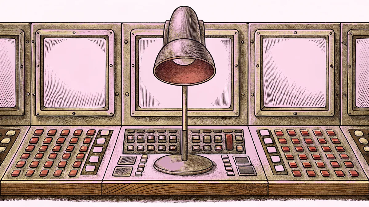 An illuminated on-air lamp glows beside a complex control console with lit switches in a broadcast control room.