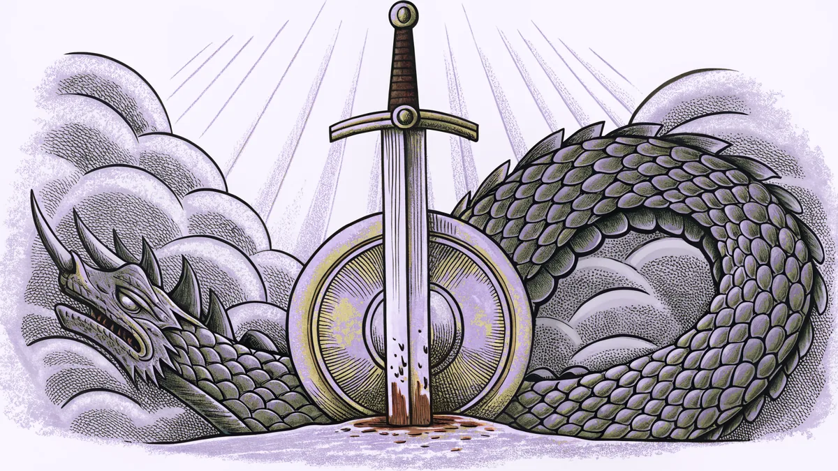 A sword rises above a dragon's scales beside a golden shield and helmet, with blood dripping through the air.